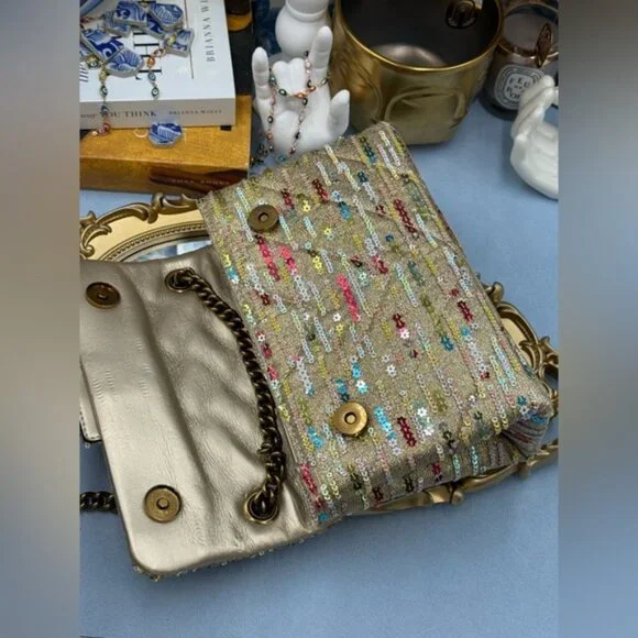🆕 KURT GEIGER LONDON 🧿 NWOT Lurex Medium Kensington, Gold Rainbow Sequins - Picture 11 of 13
